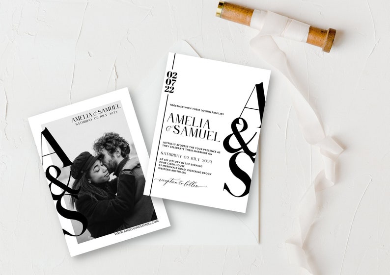 May include: Black and white wedding invitation with the couple's names, Amelia and Samuel, and the date, Saturday 02 July 2022. The invitation features a stylized A and S graphic.