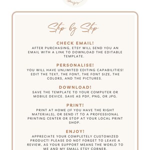 May include: A step-by-step guide for using an Etsy digital download. The steps include checking email, personalizing, downloading, printing, and enjoying the product. The text is in a brown font on a white background.