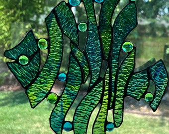 Unique Angelfish Suncatcher in Blue and Green Stained Glass with Glass Nuggets