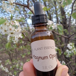 May include: A brown glass bottle with a dropper top and a paper label that reads "PLANT ESSENCE Magnum Opus 1 FL Oz".