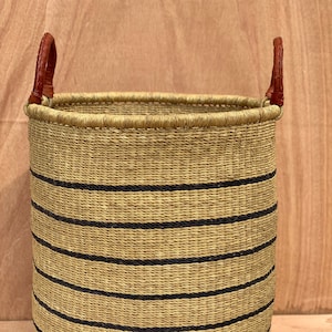 Tall Handwoven Floor Basket - for Storage, Laundry, Blankets, Toys or Trees - Natural with Black Strips - Handwoven Bolga Basket from Ghana