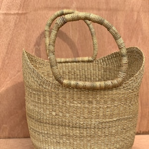 Large Bolga U-Shopper Basket - All Natural - Handwoven in Ghana - Brown Leather Handle - Storage Basket