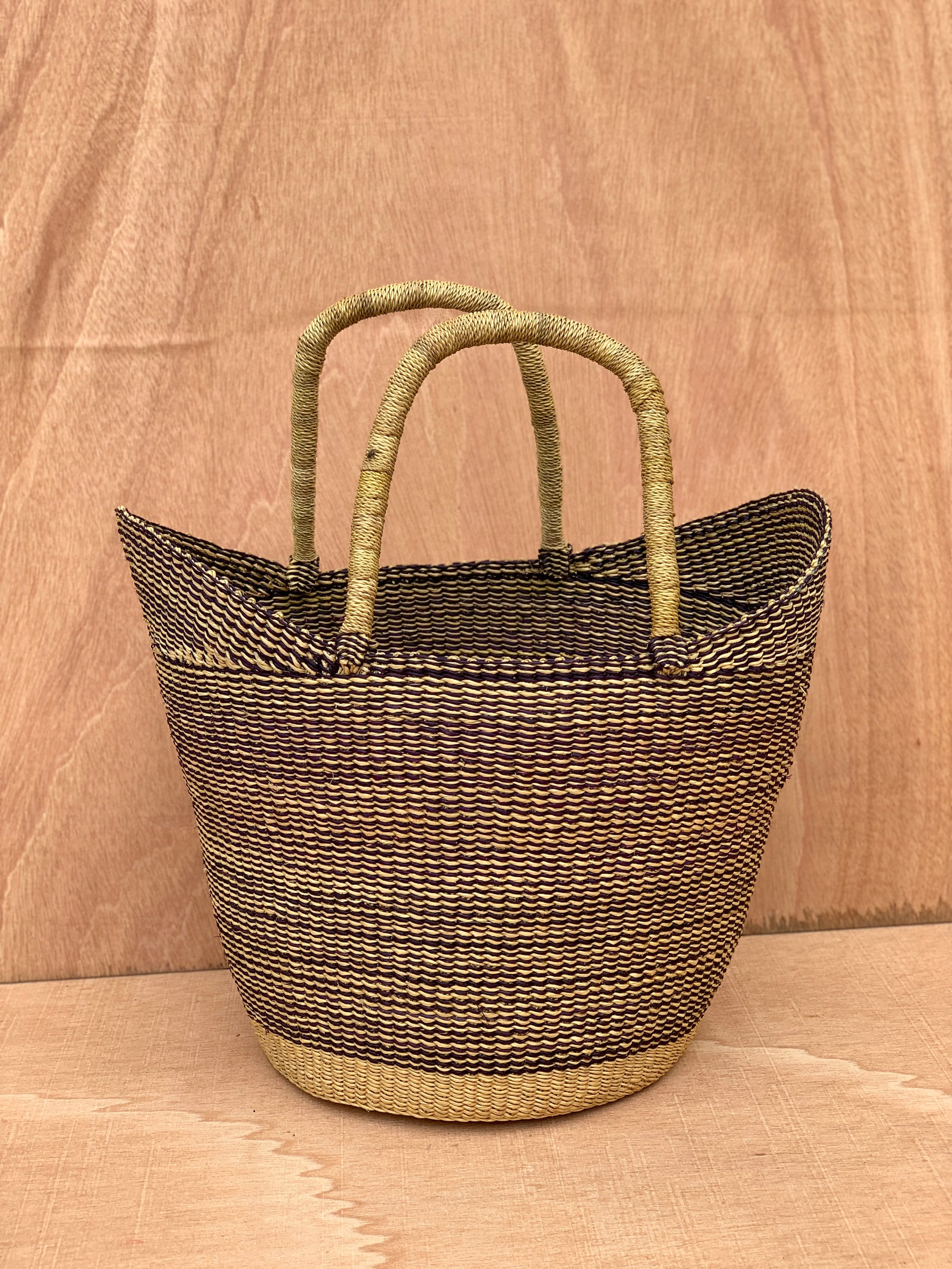 Large Bolga Basket Black and Natural Strips Handwoven in