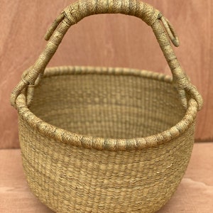 Large Round Bolga Market Basket - All Natural - Handwoven in Ghana - Brown Leather Handle - Storage Basket