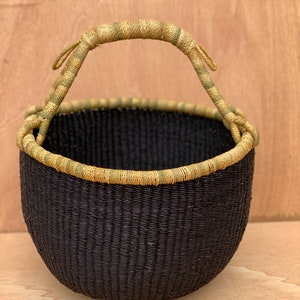 Large Round Bolga Market Basket - Black with Natural Rim - Handwoven in Ghana - Brown Leather Handle - Storage Basket