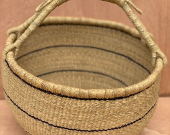 Large Round Bolga Market Basket - All Natural with Black Strips - Handwoven in Ghana - Brown Leather Handle - Storage Basket