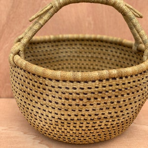 Large Round Bolga Market Basket - All Natural with Black Dashes - Handwoven in Ghana - Brown Leather Handle - Storage Basket
