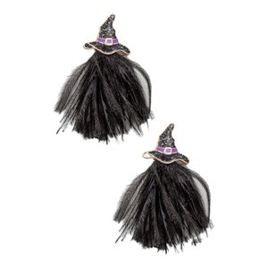 Halloween feather witch hat earrings