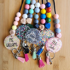 Personalized Teacher Lanyard for Badge ID Holder or Keys Breakaway Lanyard Beaded Glitter Necklace for Nurse Gift Handmade