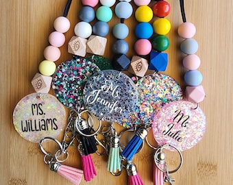 Personalized Teacher Lanyard for Badge ID Holder or Keys Breakaway Lanyard Beaded Glitter Necklace for Nurse Gift Handmade