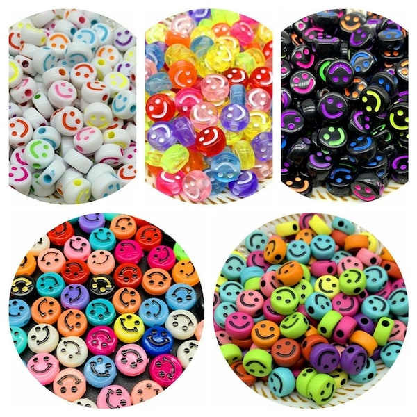 Smile Happy Face Acrylic Beads 10x5mm Round Flat Beads 25pcs Mixed Bright Colours DYI Jewellery Making Smiling Face Beads