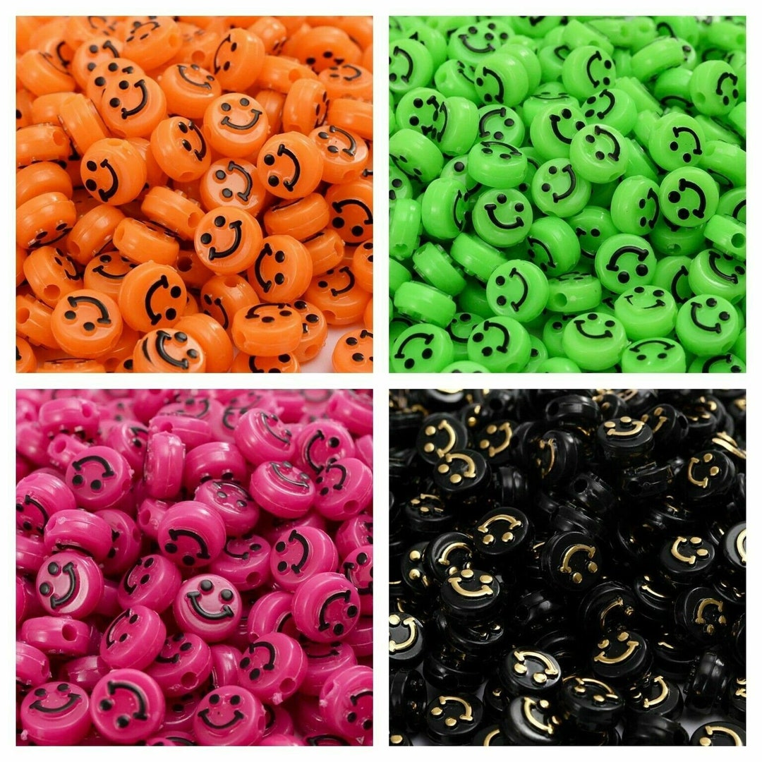 10mm Black Multicolored Smiley Face Round Beads, Multicolored