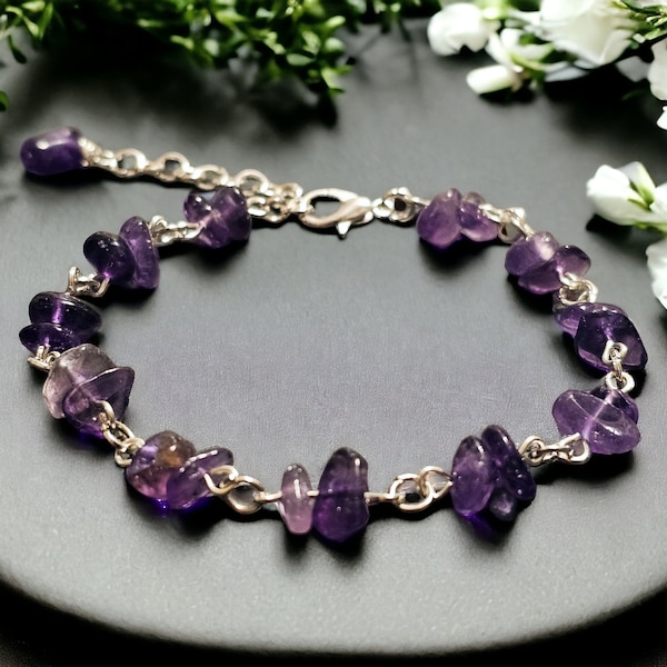 Amethyst Bracelet Gemstone February Birthstone Handmade Jewellery Silver Purple Bracelet Adjustable