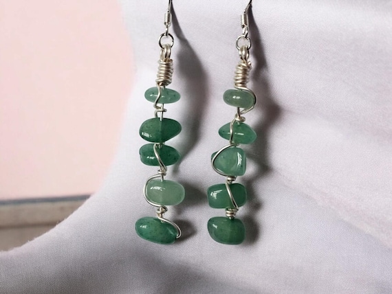 Green Aventurine Earrings Drop Dangle Crystal Gemstone April May Birthstone Chip Bead Wire Wrapped Earrings Handmade Jewellery Gift For Her