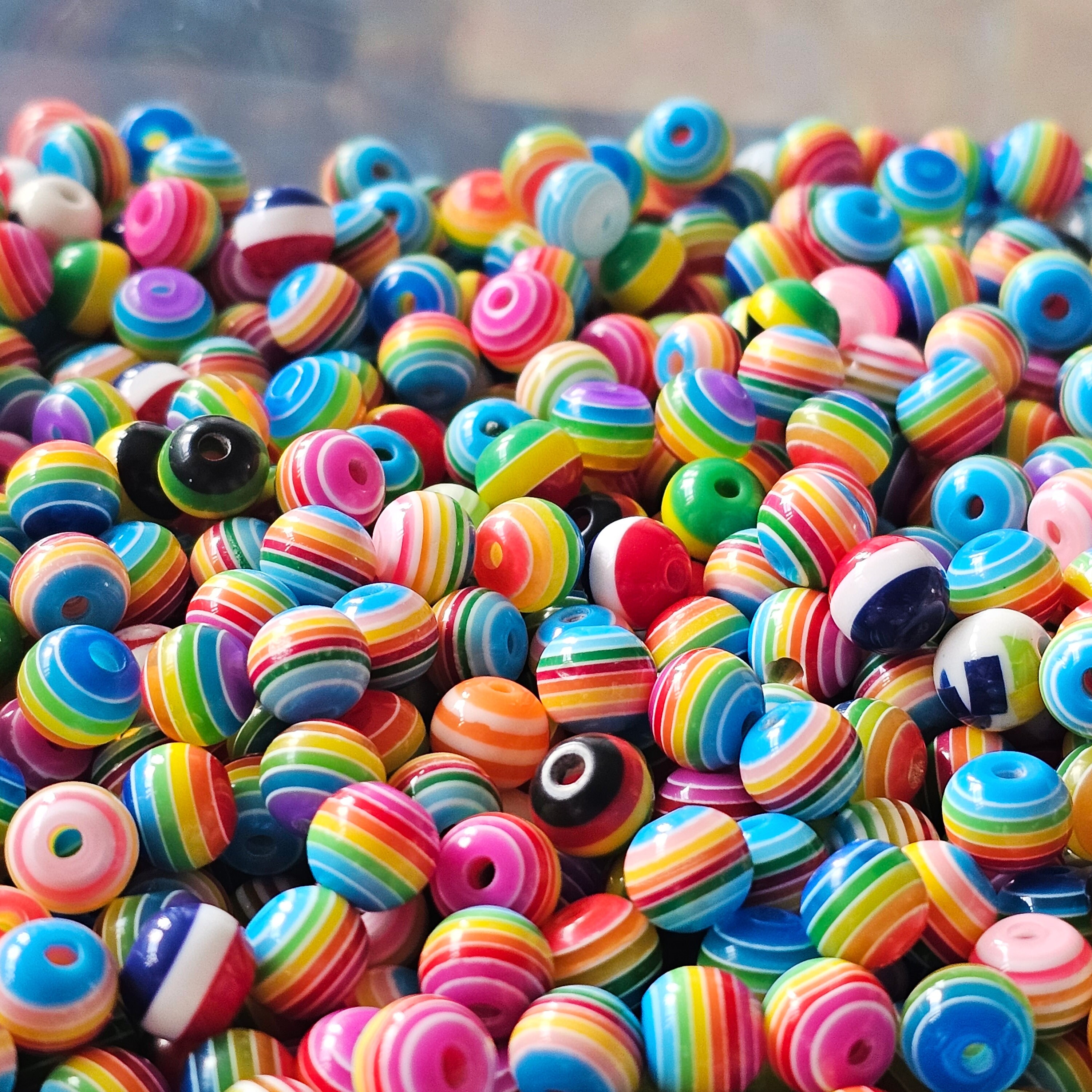 20-30pcs Rainbow Beads Round Stripe Mixed Color Resin DIY For