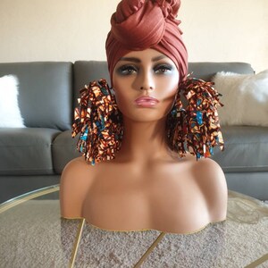 African Inspired Lg. Hoop earrings Handmade & Rust Colored Turbin.