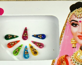 Multi Color Long Teardrop Fancy Bindis, Makeup Bindis, Bridal Bindis, Face Bindis, Bollywood Bindis, Self Adhesive Stickers, Christmas Gift