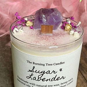 Sugar & Lavender Amethyst Candle, Botanical Candle, Quartz Candle, Handmade Candle, Gemstone Candle