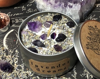 Calming Lavender Soy Candle, Amethyst Crystal, Aromatherapy Scented Candle