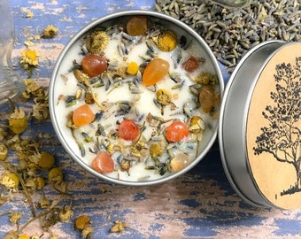 Sleepy Time Lavender Chamomile Soy Candle with Carnelian Crystals, Aromatherapy