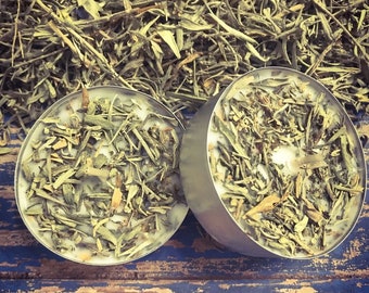JUMBO TEA LIGHT, Healing Sage, Silver Sage tea lights, Herbal Candle,Botanical candles,Sacred Space candle, Cleansing Candle, Dressed Candle