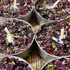 6 Pack Rose and Herb Tea Lights, Botanical Tea Lights, Meditation candles, Rose petal infused tea light, Rose and Herb
