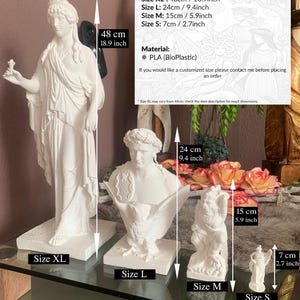 May include: Four white plaster statues of different sizes, ranging from 7 inches to 48 inches tall. The statues depict a woman, a bust of a woman, a man holding a bird, and a woman holding a staff. The statues are on a glass table. The text on the image reads: "Size XL*: 48cm / 18.9inch Size L: 24cm / 9.4inch Size M: 15cm / 5.9inch Size S: 7cm / 2.7inch 48 cm 18.9 inch Material: * PLA (BioPlastic) If you would like a customized size please contact me before placing an order Size XL may vary from 48cm; check the item description for exact dimensions. 24 cm 9.4 inch 15 cm 5.9 inch Size XL Size L Size M Size S 7 cm 2.7 inch"