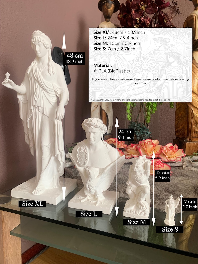 May include: Four white plaster statues of different sizes, ranging from 7 inches to 48 inches tall. The statues depict a woman, a bust of a woman, a man holding a bird, and a woman holding a staff. The statues are on a glass table. The text on the image reads: "Size XL*: 48cm / 18.9inch Size L: 24cm / 9.4inch Size M: 15cm / 5.9inch Size S: 7cm / 2.7inch 48 cm 18.9 inch Material: * PLA (BioPlastic) If you would like a customized size please contact me before placing an order Size XL may vary from 48cm; check the item description for exact dimensions. 24 cm 9.4 inch 15 cm 5.9 inch Size XL Size L Size M Size S 7 cm 2.7 inch"