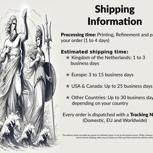 May include: Black and white illustration of three figures standing on waves. The text reads "Shipping Information" and includes estimated processing and shipping times for different countries. Every order is dispatched with a Tracking Number (Domestic, EU and Worldwide).
