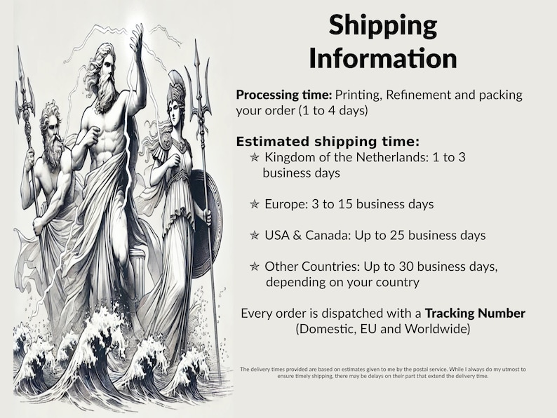 May include: Black and white illustration of three figures standing on waves. The text reads "Shipping Information" and includes estimated processing and shipping times for different countries. Every order is dispatched with a Tracking Number (Domestic, EU and Worldwide).