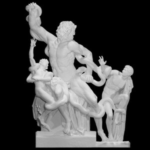 May include: A white marble sculpture depicting a scene from Greek mythology. A muscular male figure, possibly Zeus, is shown wrestling with a serpent. Two other figures, possibly Laocoön and his sons, are also depicted in the sculpture.