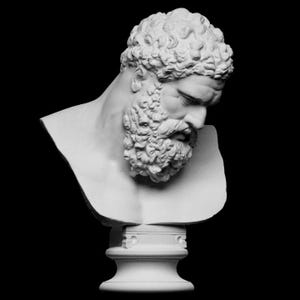 May include: A white marble bust of a man with a curly beard and hair, set against a black background. The sculpture depicts a classical figure, with a detailed face and a downward gaze. The bust is mounted on a decorative pedestal.