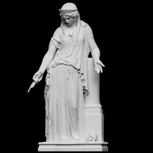 May include: A white marble statue of a woman in a flowing robe, standing on a pedestal. She is holding a knife in her left hand and her right hand is raised.