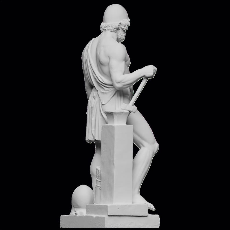 May include: White marble statue of a man holding a hammer, standing on a base with a round object at the bottom.
