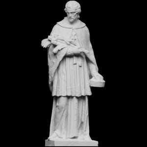 May include: A white marble statue of a man wearing a robe and holding a book. The statue is standing on a white base.