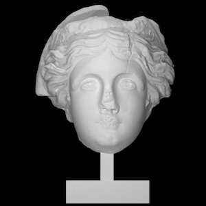 May include: A white plaster sculpture of a classical female head, with detailed facial features and curly hair. The sculpture is mounted on a white stand against a black background. The nose and mouth are damaged.