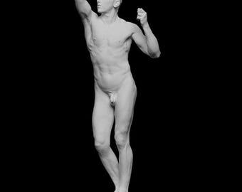 May include: A white sculpture of a nude male figure, standing on a rectangular base. The figure has one arm raised above the head and the other bent at the elbow. The sculpture is set against a black background.