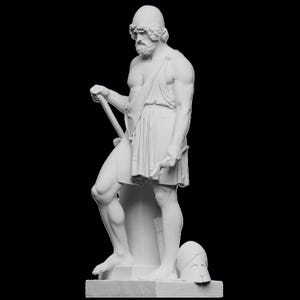 May include: A white marble statue of a Greek warrior, standing with a sword in his right hand and a shield at his feet. The statue is detailed with a helmet, a cloak, and a muscular physique.