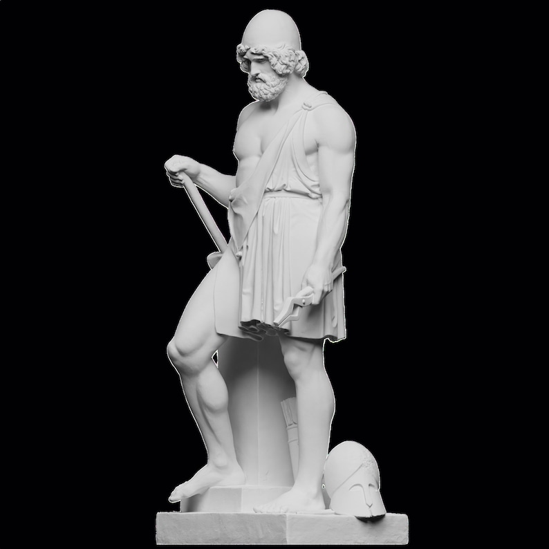 May include: A white marble statue of a Greek warrior, standing with a sword in his right hand and a shield at his feet. The statue is detailed with a helmet, a cloak, and a muscular physique.