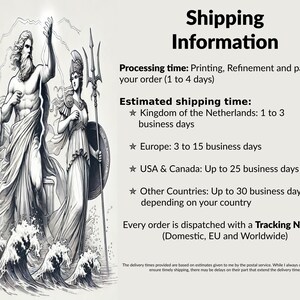 Op de afbeelding: Zwart-witte illustratie van drie figuren die op golven staan. De tekst luidt "Verzendinformatie" en bevat geschatte verwerkings- en verzendtijden voor verschillende landen. Elke bestelling wordt verzonden met een Track & Trace-nummer (binnenland, EU en wereldwijd).