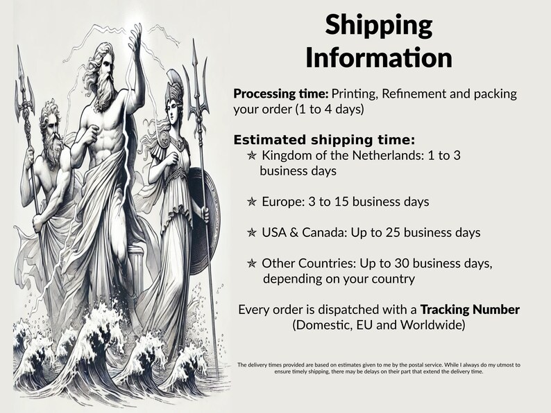Op de afbeelding: Zwart-witte illustratie van drie figuren die op golven staan. De tekst luidt "Verzendinformatie" en bevat geschatte verwerkings- en verzendtijden voor verschillende landen. Elke bestelling wordt verzonden met een Track & Trace-nummer (binnenland, EU en wereldwijd).