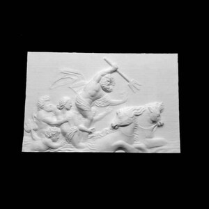 May include: A white relief sculpture showing a mythological scene. A figure with a trident rides a horse, with other figures around. The artwork is set against a rectangular background.
