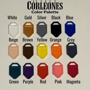 Może przedstawiać: Karta palety kolor&oacute;w z napisem "CORLEONES Color Palette" z r&oacute;żnymi pr&oacute;bkami kolor&oacute;w. Kolory obejmują biały, złoty, srebrny, czarny, niebieski, beżowy, brązowy, ż&oacute;łty, pomarańczowy, szary, zielony, fioletowy, czerwony, r&oacute;żowy i magenta.