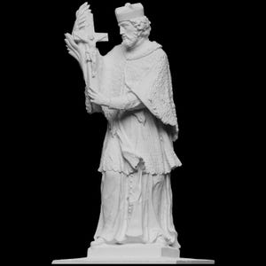 May include: White plaster statue of a person holding a cross. The person is wearing a robe and a hat. The statue is on a base.