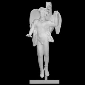 May include: A white sculpture of a male figure with wings, possibly an angel or mythological being. The figure is depicted in a dynamic pose, with one arm raised and the other extended. The sculpture is mounted on a rectangular base.