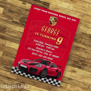 Invito di compleanno divertente di Porsche Cars, festa di compleanno di auto da corsa, invito di auto da corsa