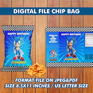 May include: A printable chip bag template featuring Sonic the Hedgehog. The blue and white bag has a checkered border and says "Happy Birthday" and "Sonic".