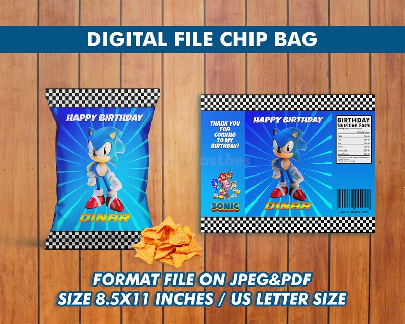 May include: A printable chip bag template featuring Sonic the Hedgehog. The blue and white bag has a checkered border and says "Happy Birthday" and "Sonic".