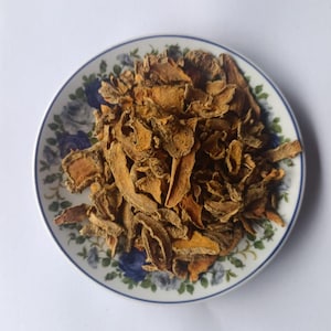 Op de afbeelding: Een witte schotel met een blauw bloemmotief en een blauwe rand is gevuld met gedroogde, oranje-bruine kurkumastukjes. De kurkumastukjes hebben een ruwe, getextureerde uitstraling. De schotel staat tegen een witte achtergrond.