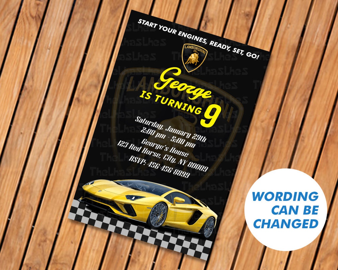 Lamborghini Cars Funny Birthday Invitation, Race Car Birthday Party ...